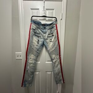 Stylish Light Blue Skinny Jeans with Red Accents